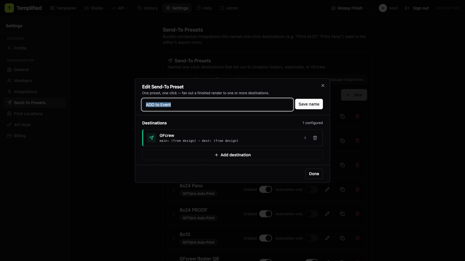 The preset editor with Dropbox and Webhook destinations attached