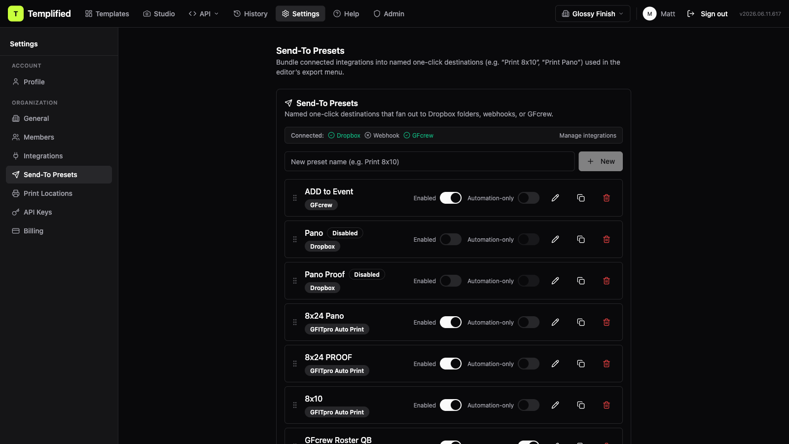 The Send-To Presets list in Settings with the New preset name field