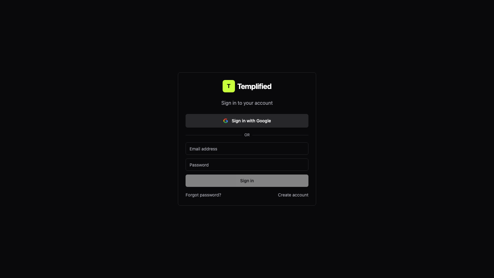 The Templified sign-in page with email and password fields and a Sign in with Google button