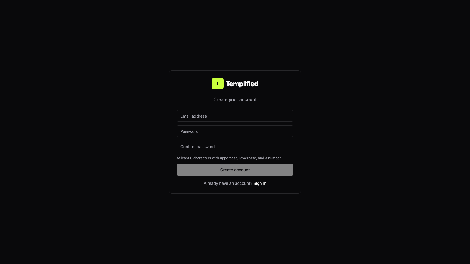 The sign-up form with email, password, and confirm password fields