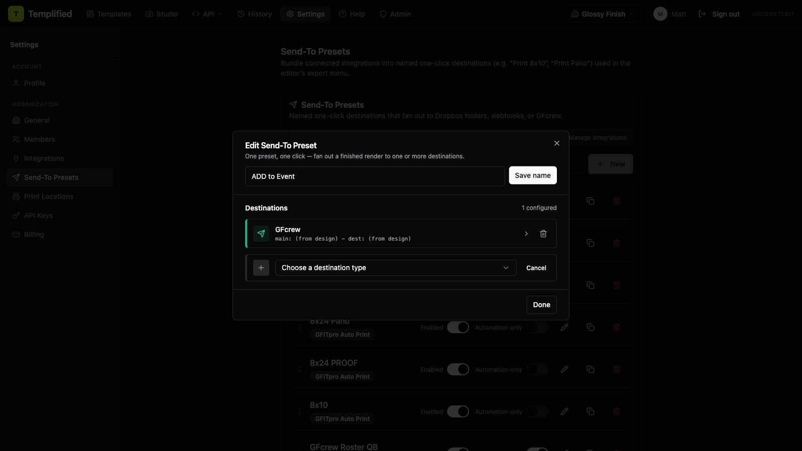 The destination type dropdown listing Dropbox, Webhook, and partner options