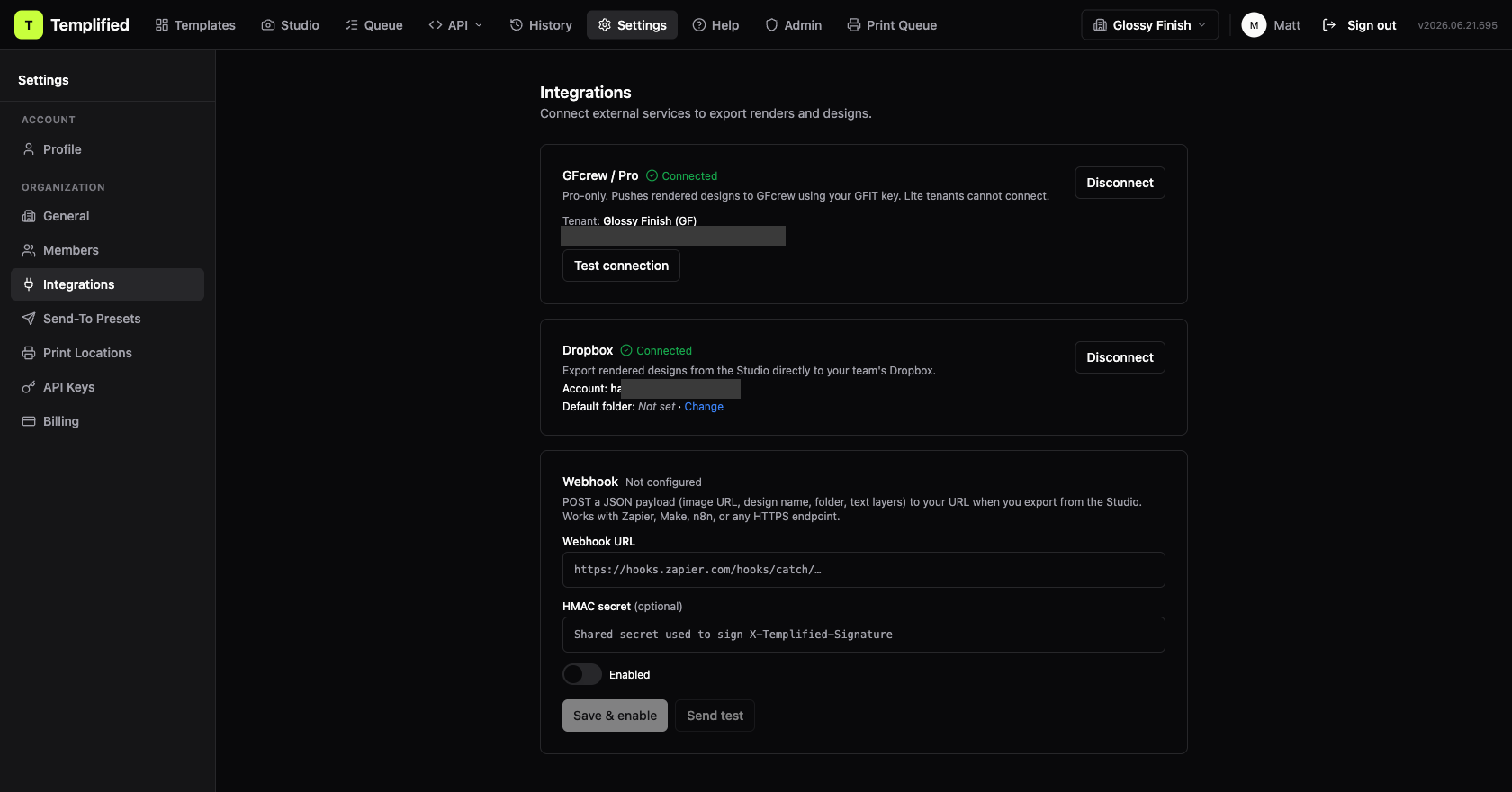 The Integrations settings page showing Dropbox, Webhook, and GFcrew / Pro cards