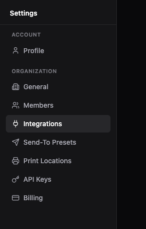The Settings sidebar with the Integrations item highlighted under Organization