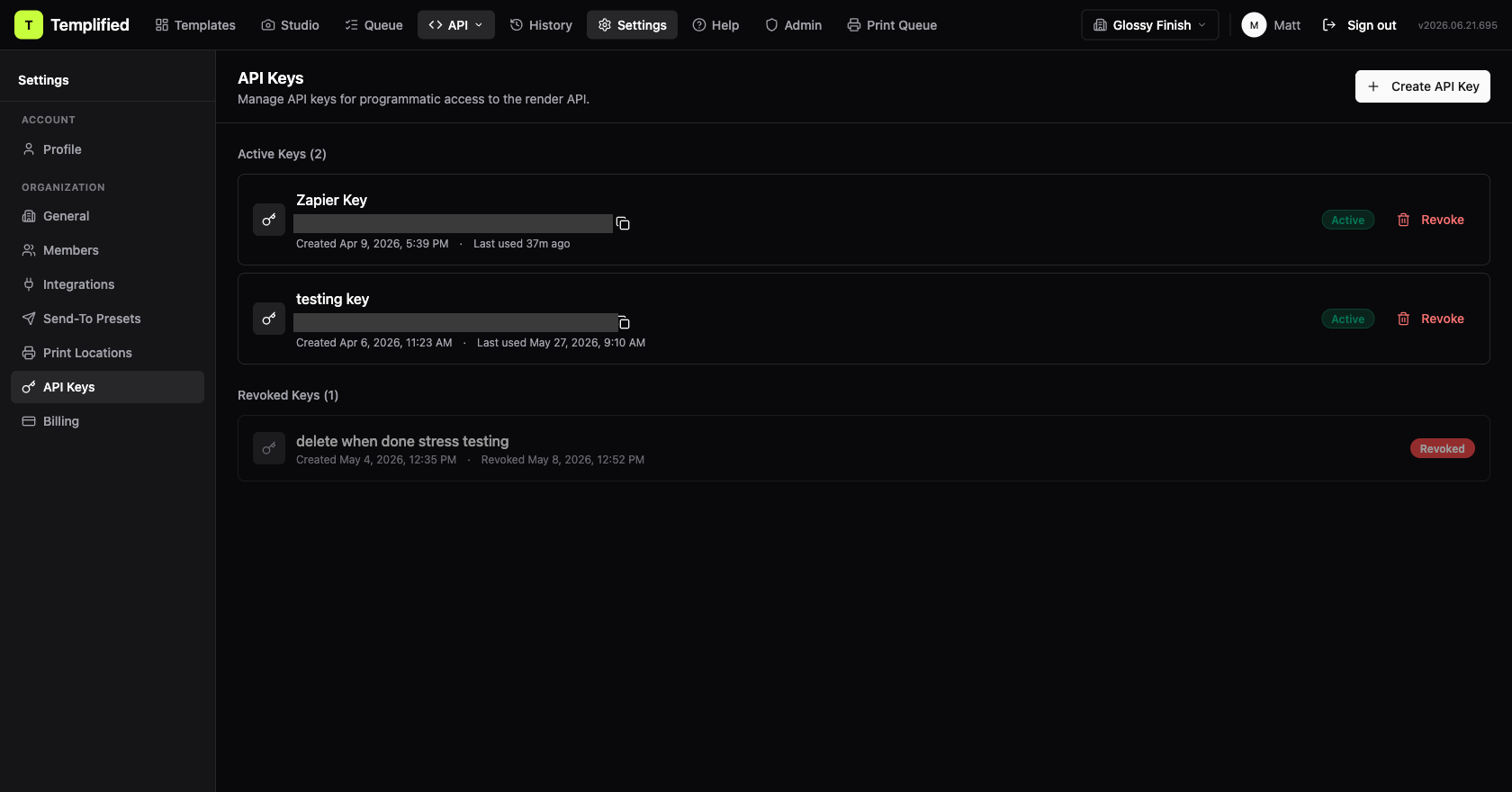 The API Keys page in Settings showing an active key with its prefix and a Create API Key button