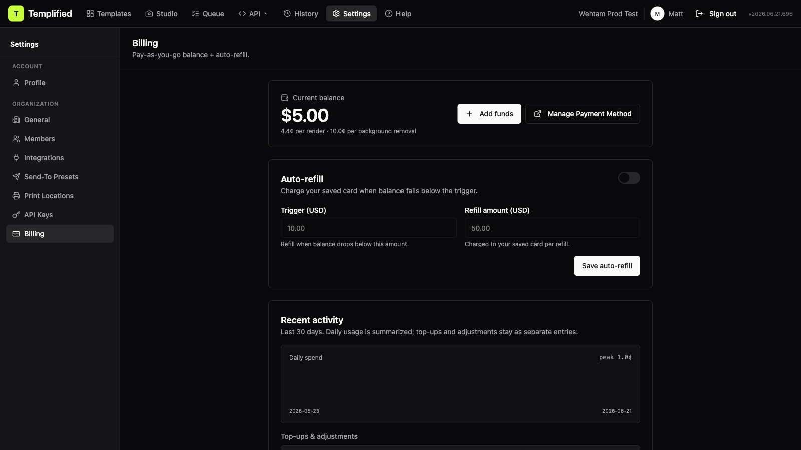 The Billing page showing the current balance and per-render pricing