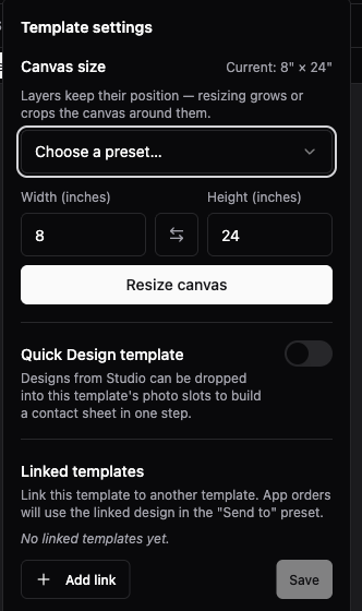Template settings popover open in the editor header, showing the Canvas size section with a preset dropdown, Width and Height inputs, and a Resize canvas button