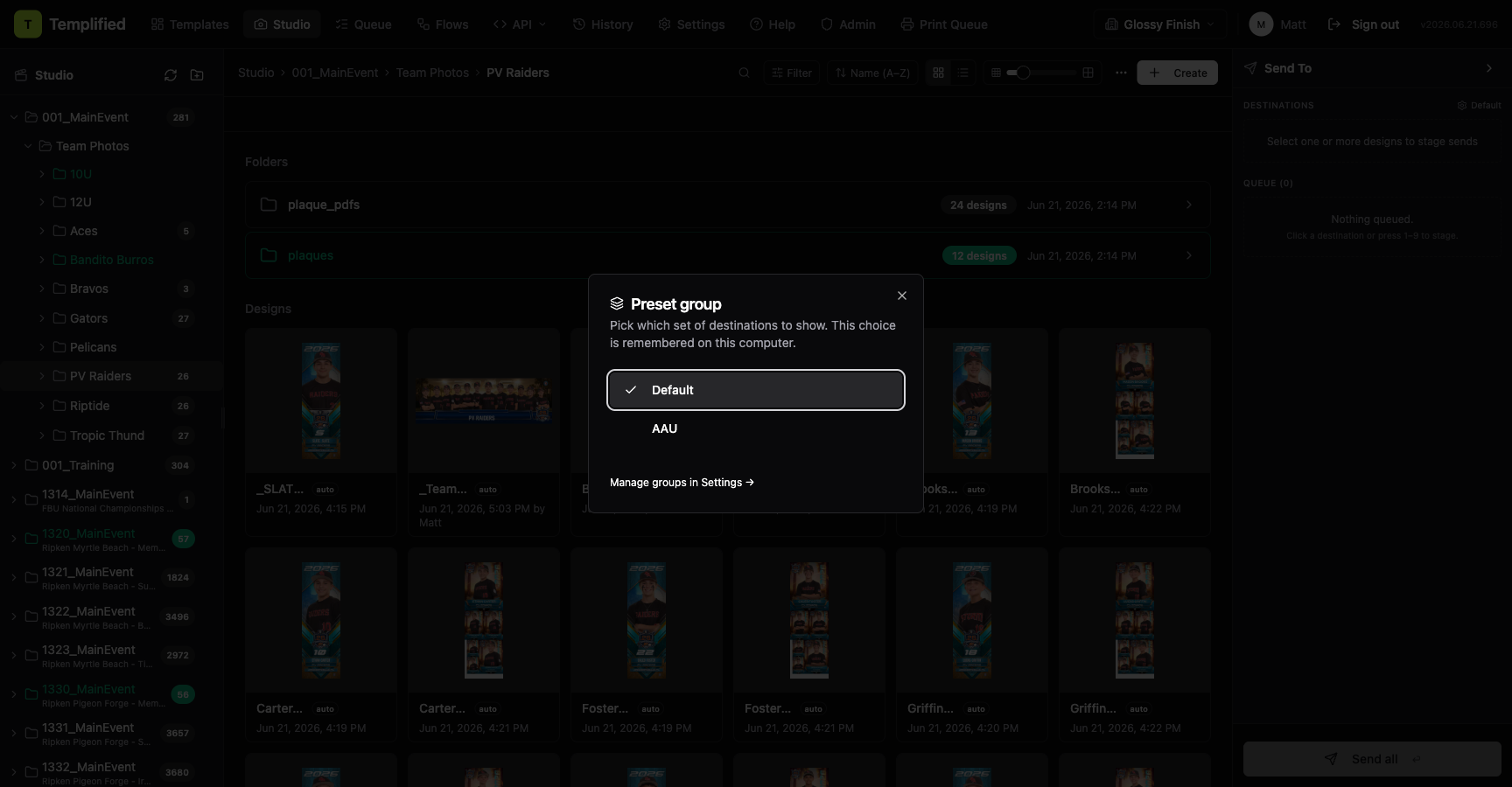 The Preset group picker in the Destinations header of the Send To panel, showing the active group name