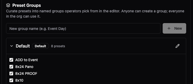 The Preset Groups card in Settings with an expanded group showing checkboxes for each preset