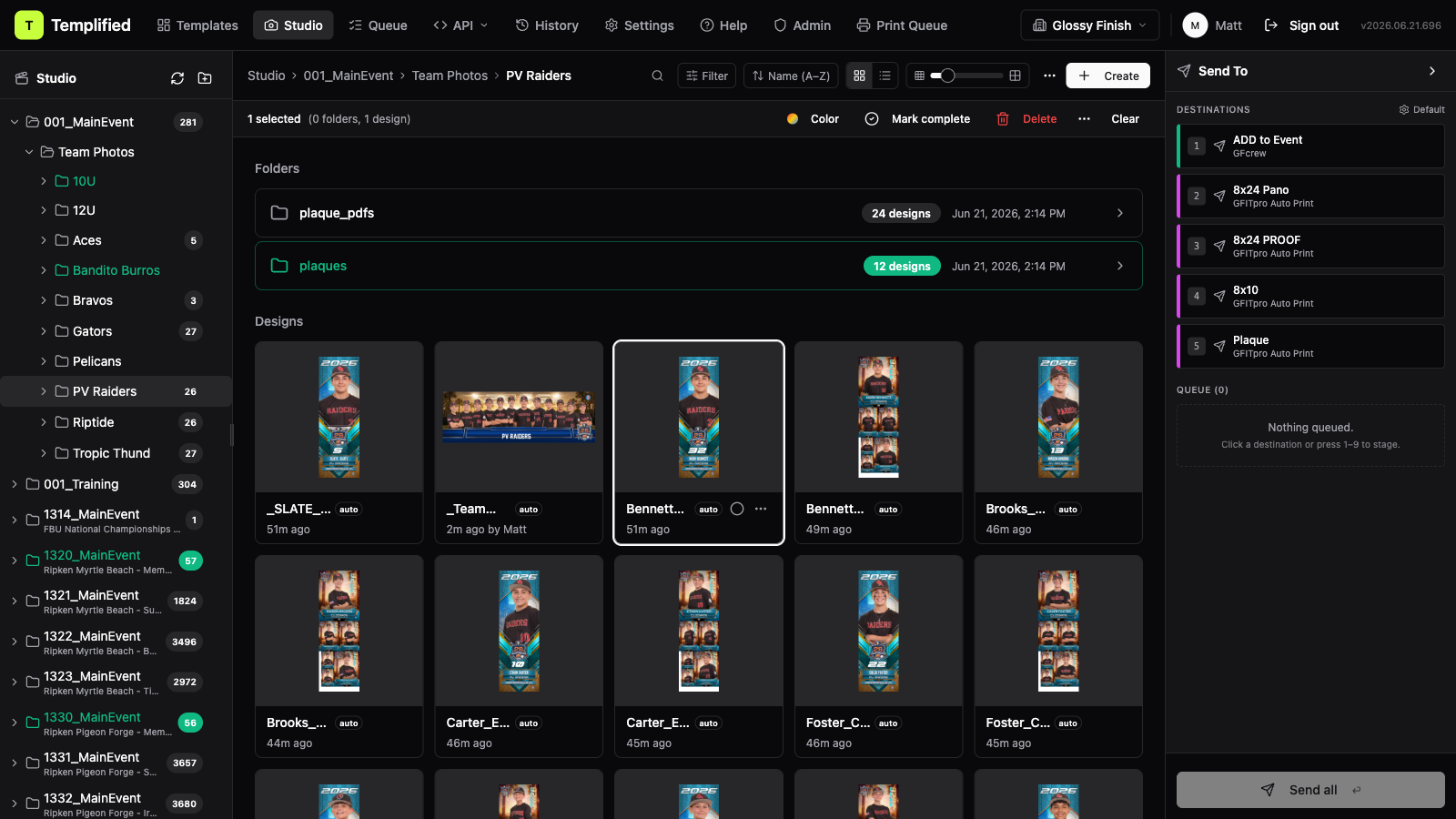 The queue with several staged rows, each showing its preset, design name, and quantity