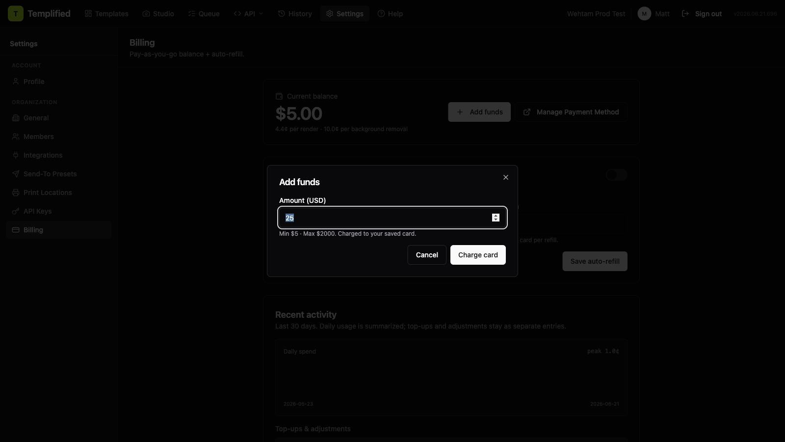 The Add card and fund balance dialog with the amount field, before the Stripe checkout