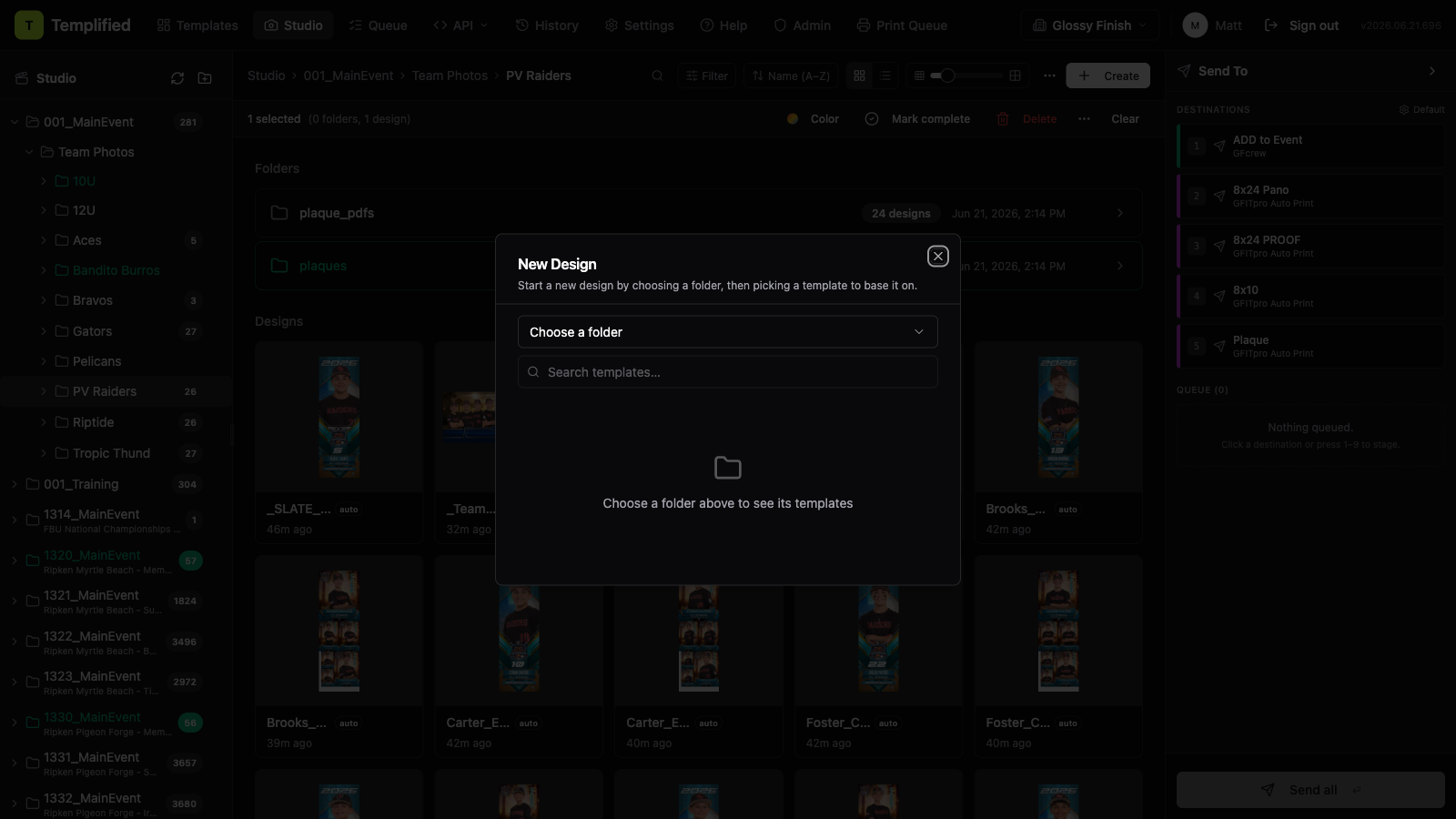 The New Design dialog in Studio with a folder selected and a template chosen