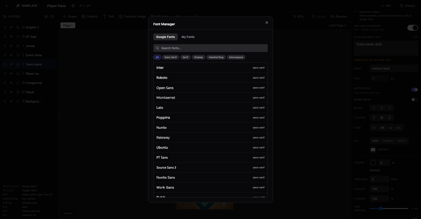 Font Manager dialog open on the Google Fonts tab, showing a search bar, category filters, and a scrollable list of font names rendered in their own typeface