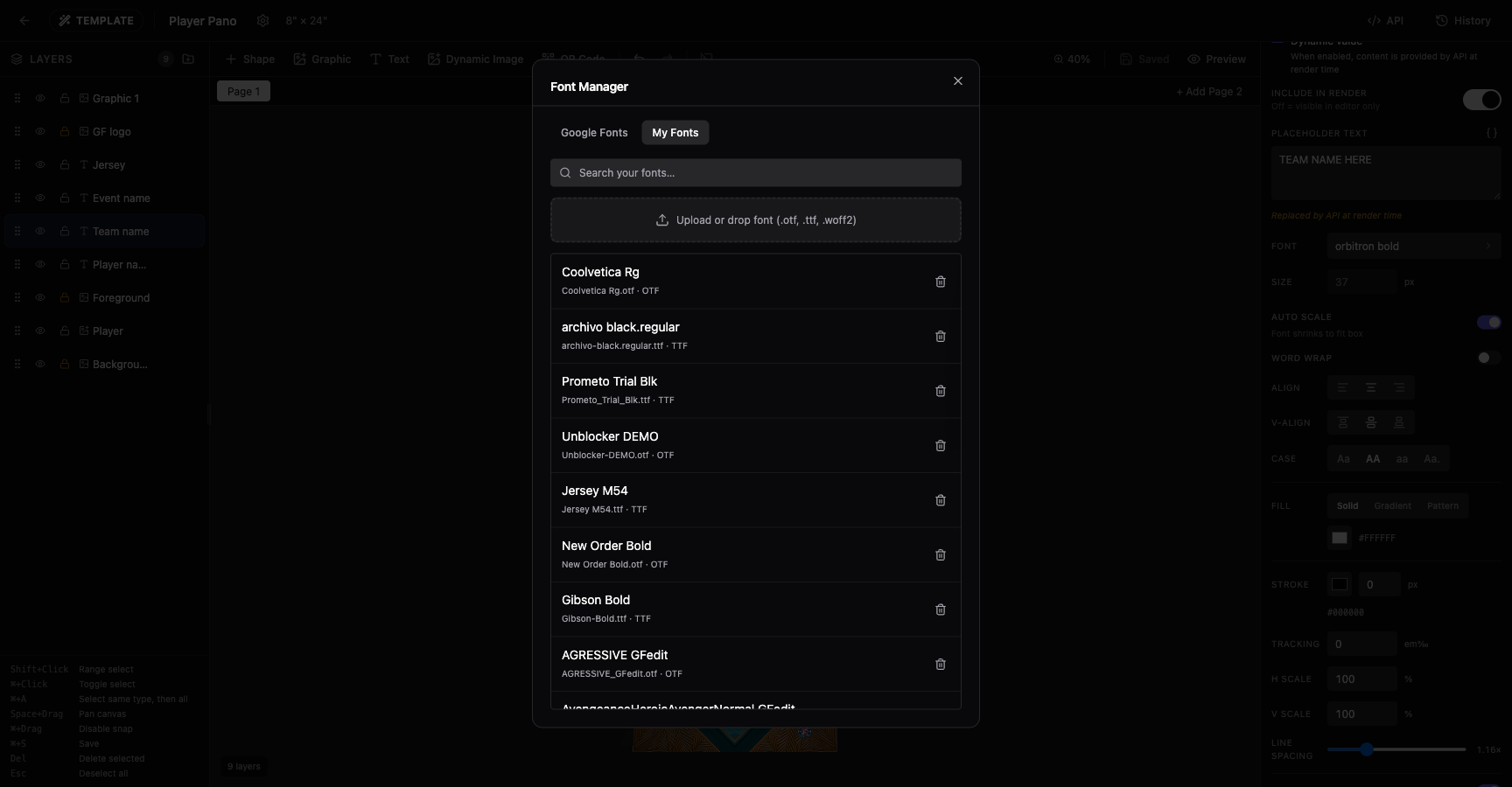 My Fonts tab showing the drag-and-drop upload area and a list of two uploaded fonts with delete icons