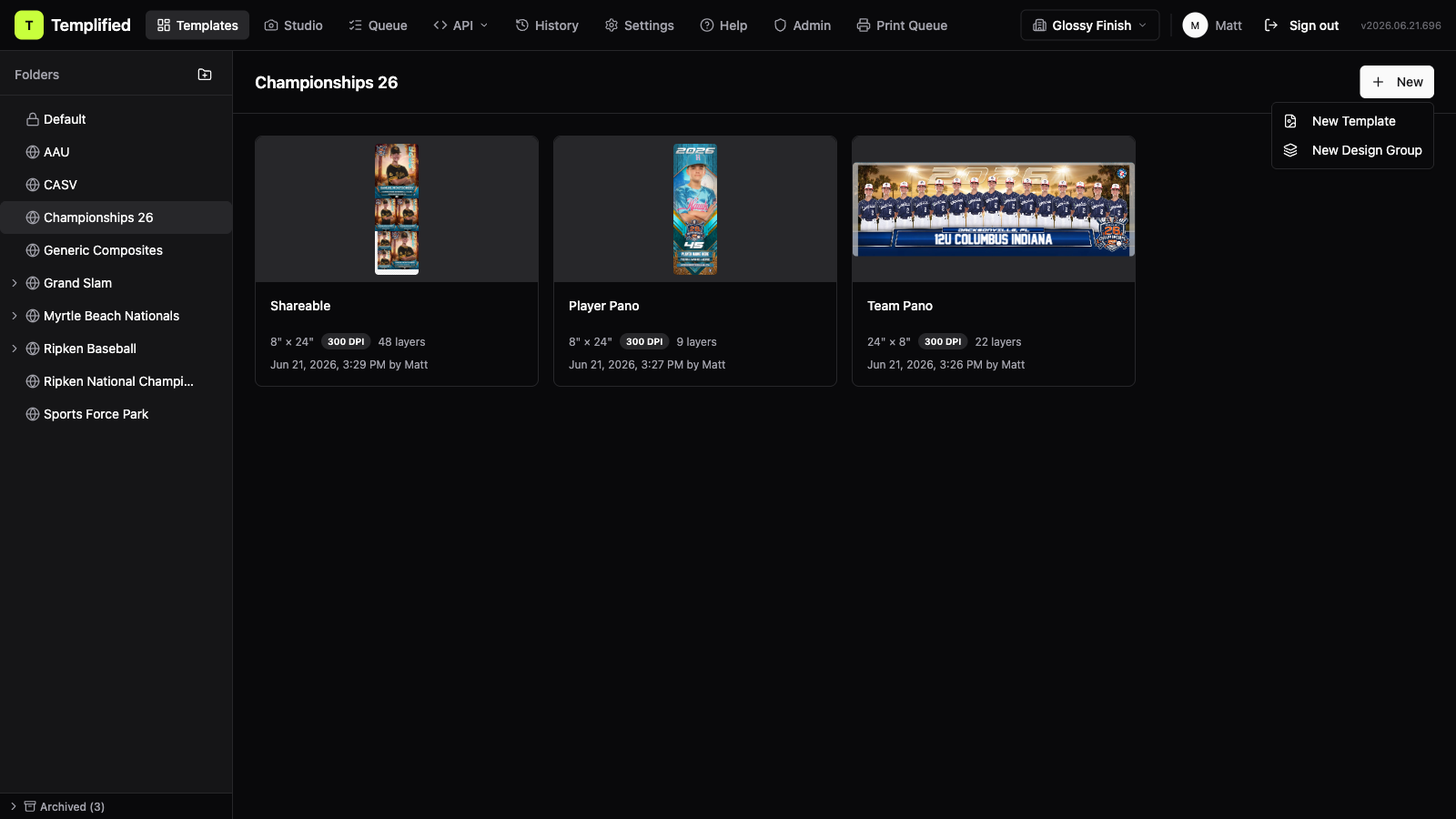 The New Template dialog with name, canvas size, orientation, DPI, and folder fields