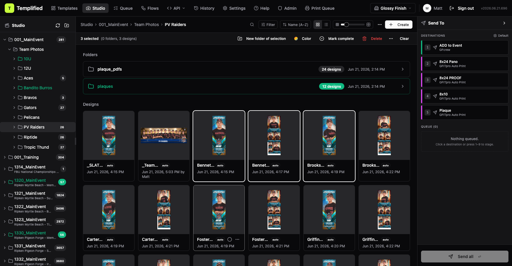 Studio grid showing several design cards with one selected (highlighted border) and another being shift-clicked