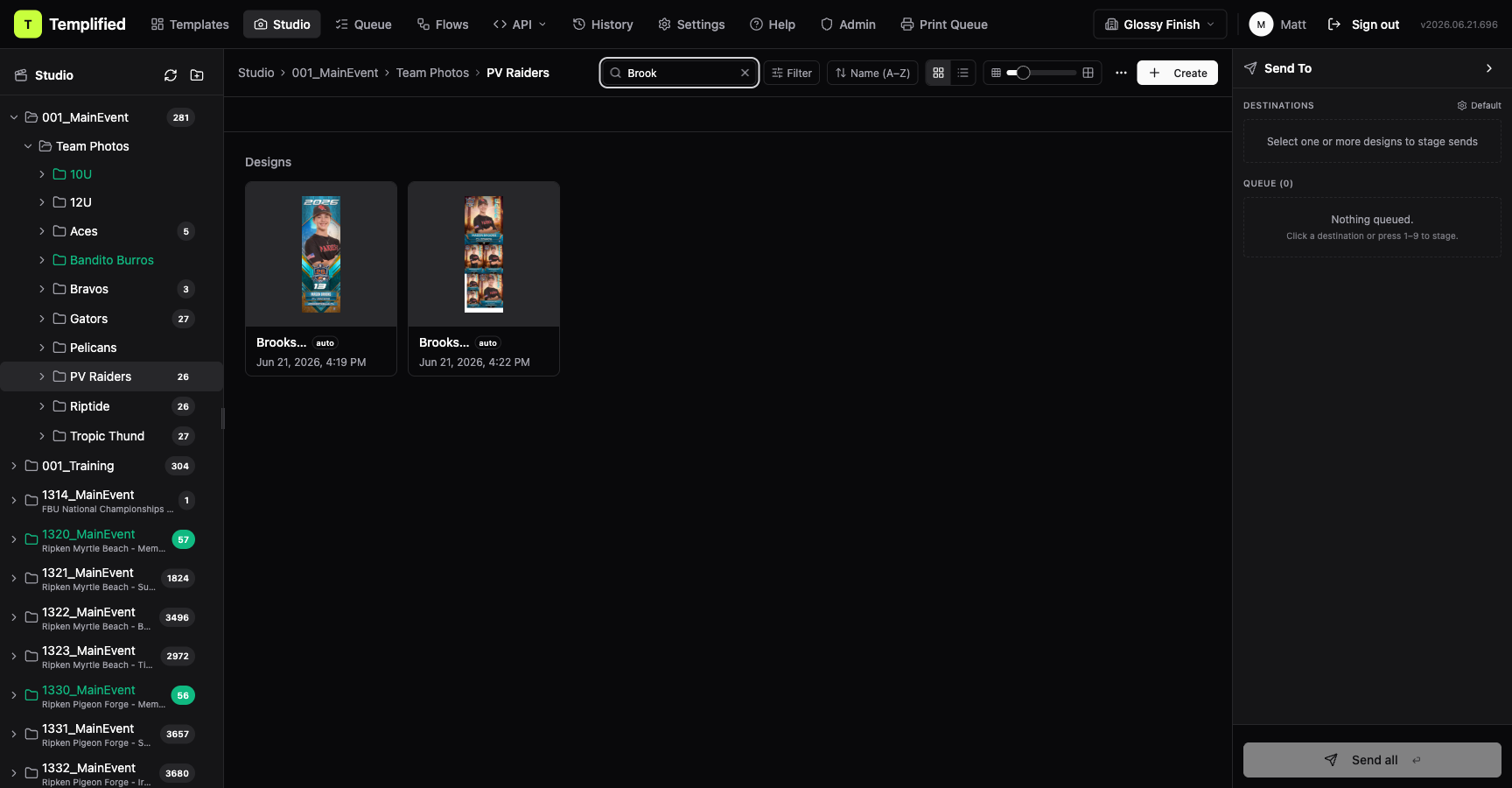 The Studio toolbar with the search input open, showing a partial name typed in and matching designs highlighted in the grid