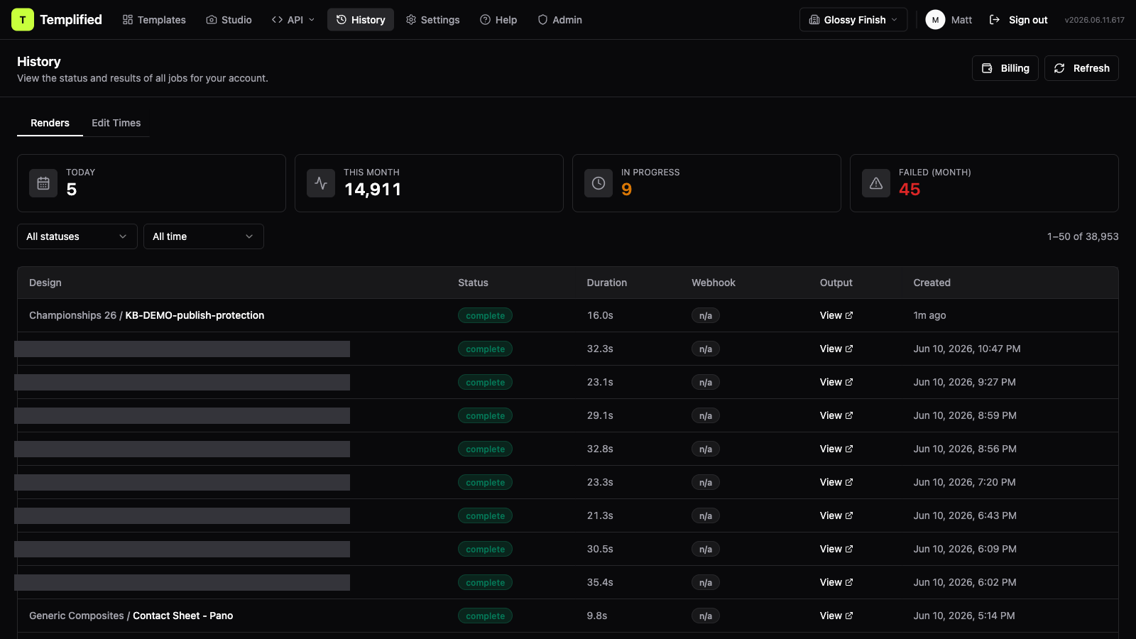 History page showing the four KPI cards at the top, status and time-range filters, and the job table below