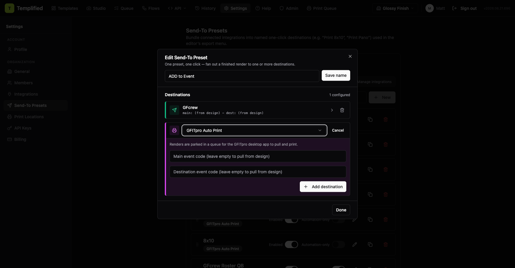 The Add destination panel in the preset editor with GFITpro Auto Print selected and the Main Event Code field empty