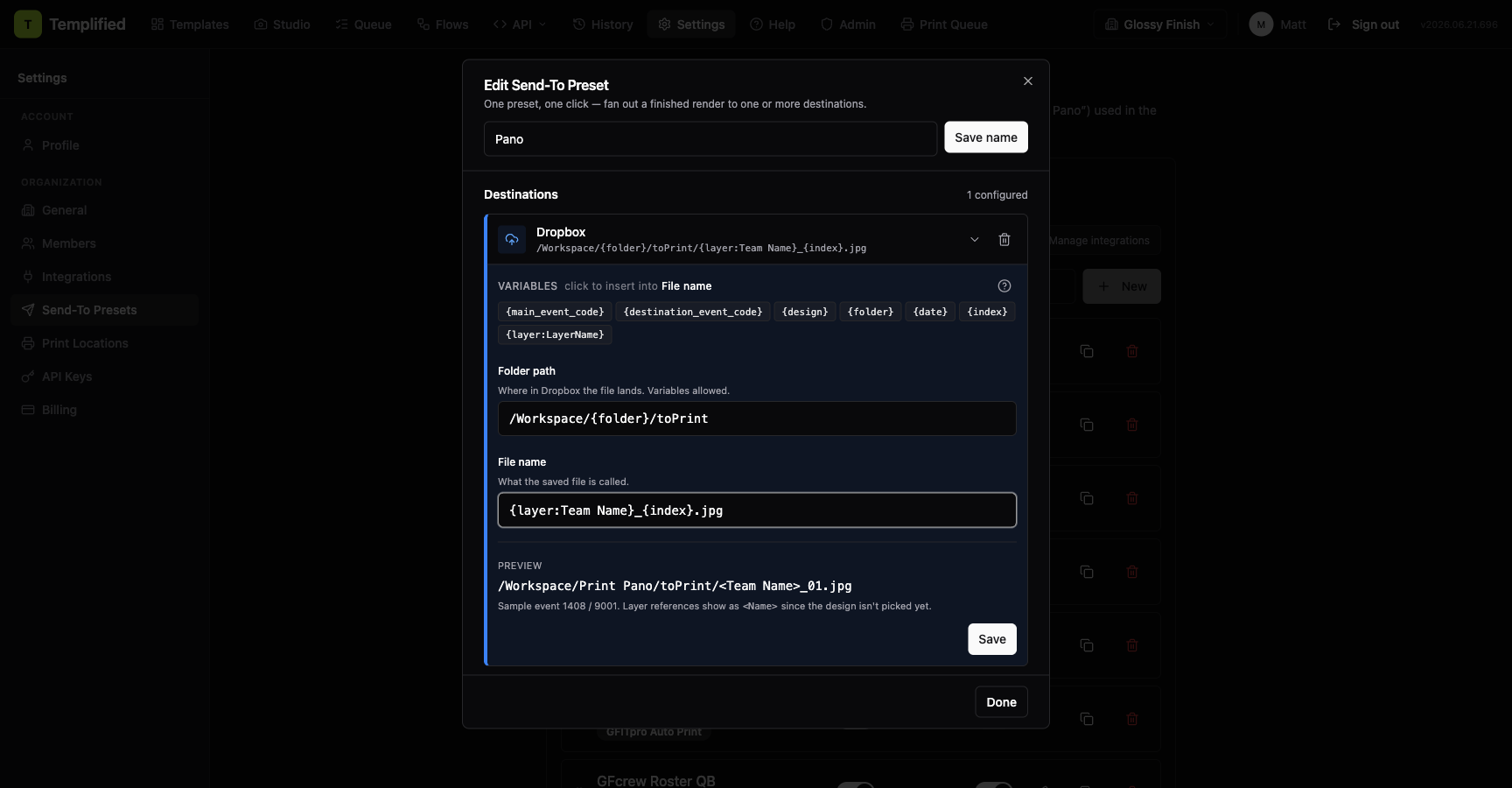 The Folder path and File name fields in the preset editor with variable chips and a live preview line
