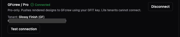 The GFcrew / Pro integration card in Settings showing the GFIT Key input field and Connect button