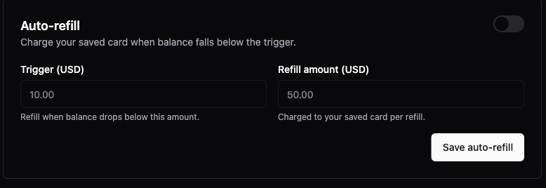 The Auto-refill card on the Billing page with the trigger and refill amount fields