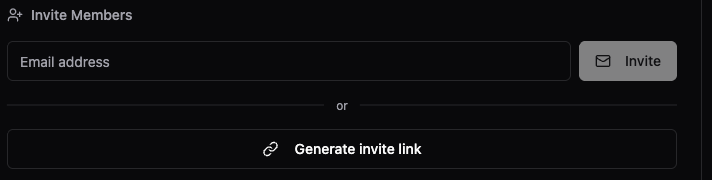 The Invite Members card in Settings → Members, showing the email field and Invite button alongside the Generate invite link option