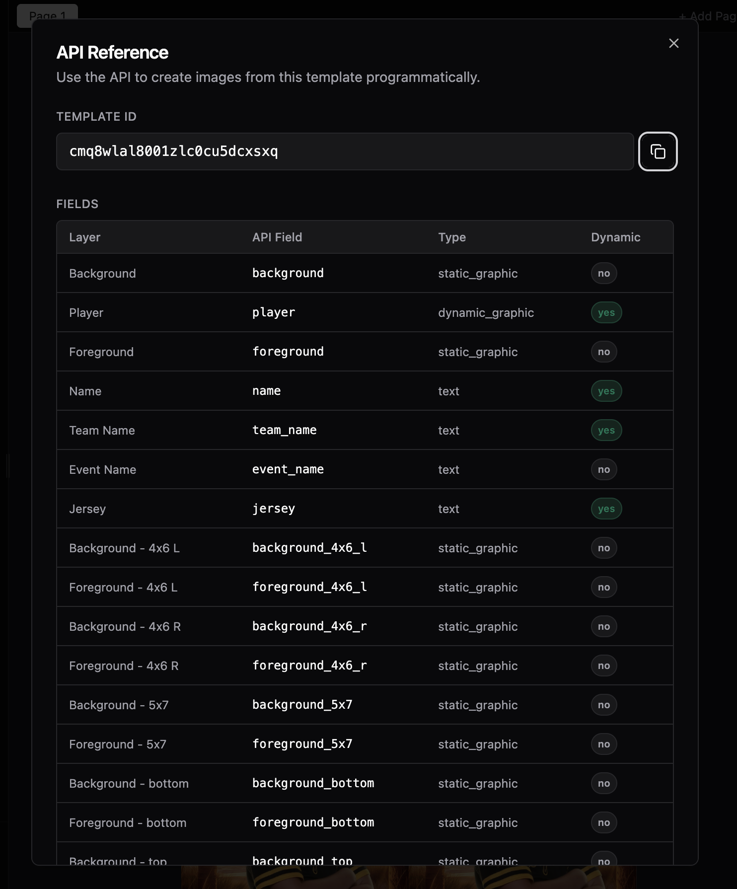 API Docs page showing a template's field reference with layer names as keys