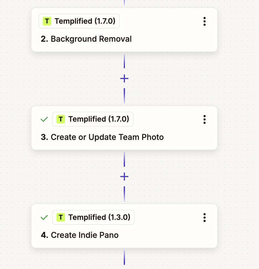 A Zapier Zap showing a Background Removal step feeding its Extracted Image URL output into a Create Image step