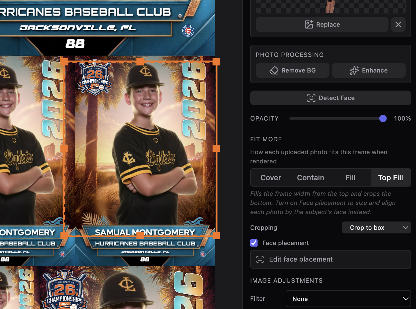 The crop box overlay on the canvas alongside the face-target box and max content line overlays