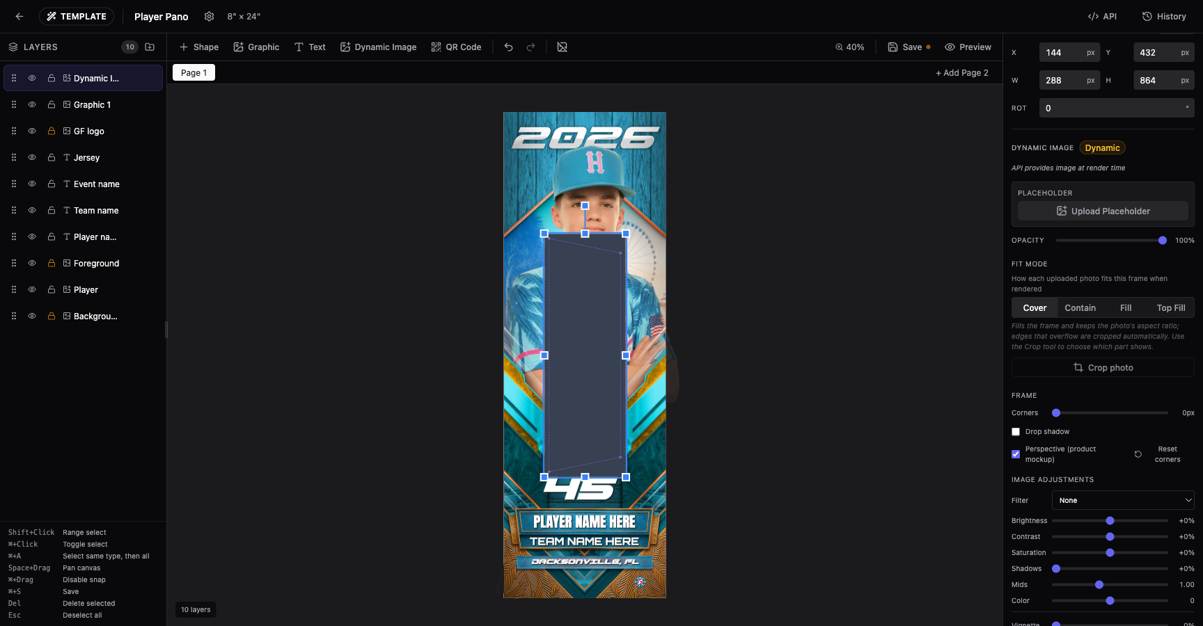 The Perspective (product mockup) checkbox checked in the properties panel, with four corner handles visible on the canvas