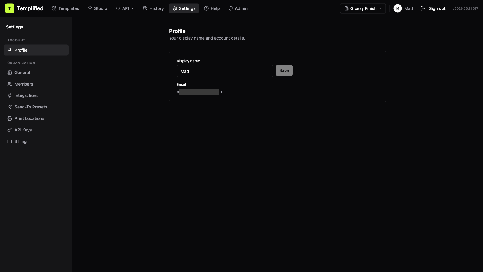 The Settings page with a side pane listing Profile, General, Members, Integrations, Send-To Presets, and Print Locations