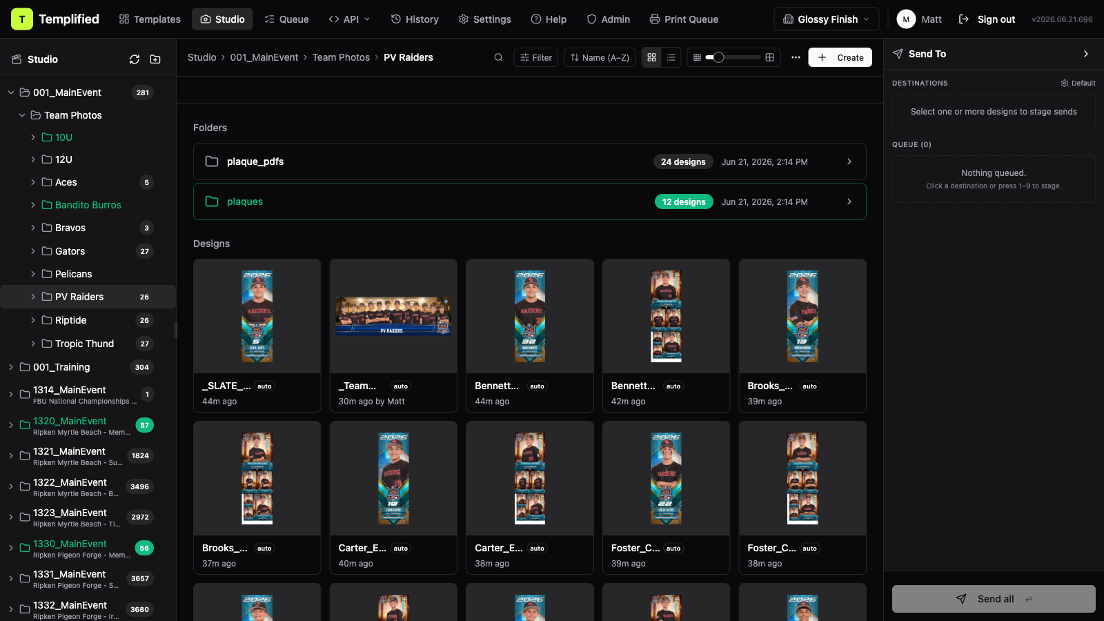 The Studio tab with a folder tree on the left and a grid of design cards
