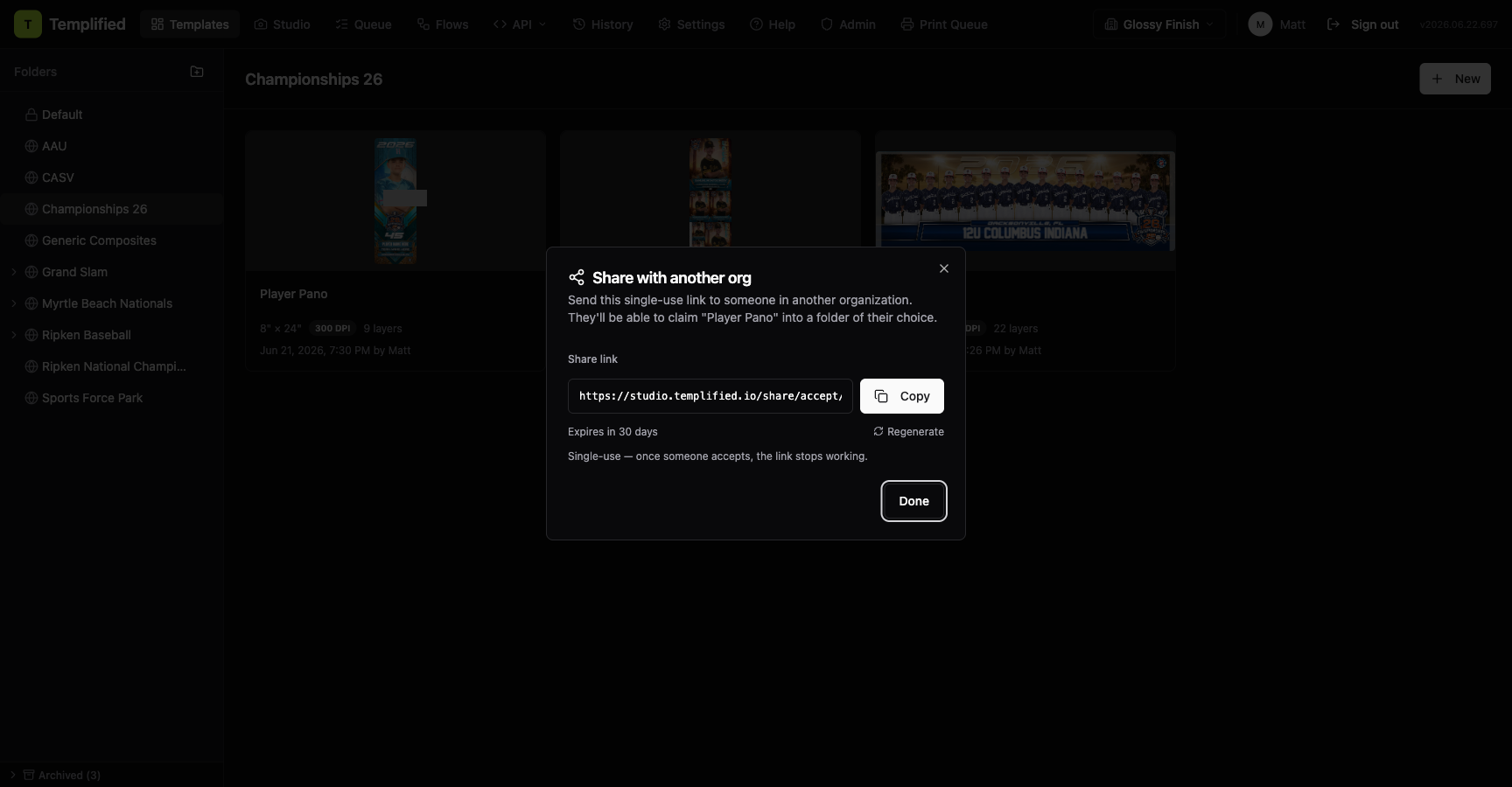 The Share with another org dialog showing the generated share link, Copy button, expiry countdown, and Regenerate option