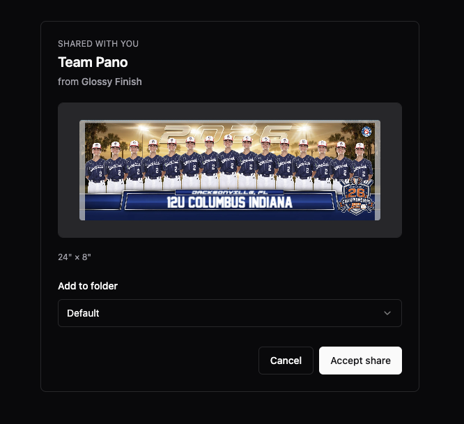 The accept share page showing the template preview, source organization name, folder picker, and Accept share button