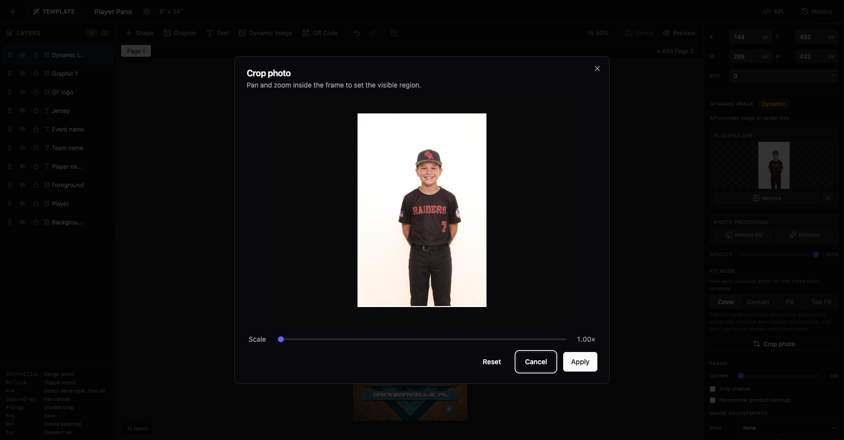 Crop Photo dialog showing a photo inside a white-bordered frame with a Scale slider and Apply button