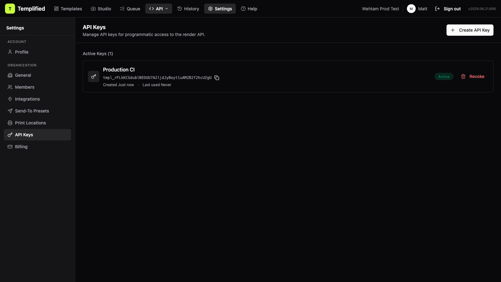 The API Keys page in Settings showing the active keys list and the Create API Key button