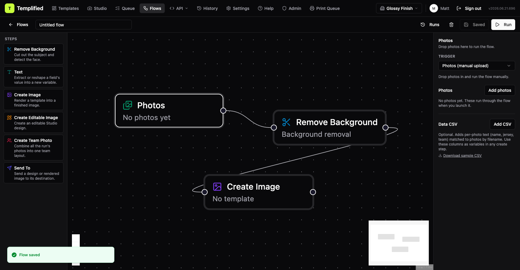 The Photos start step config panel showing the Trigger picker, photo grid, and Data CSV section