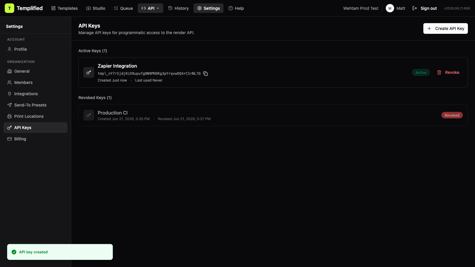 A newly created API key with the full key value visible and a copy button