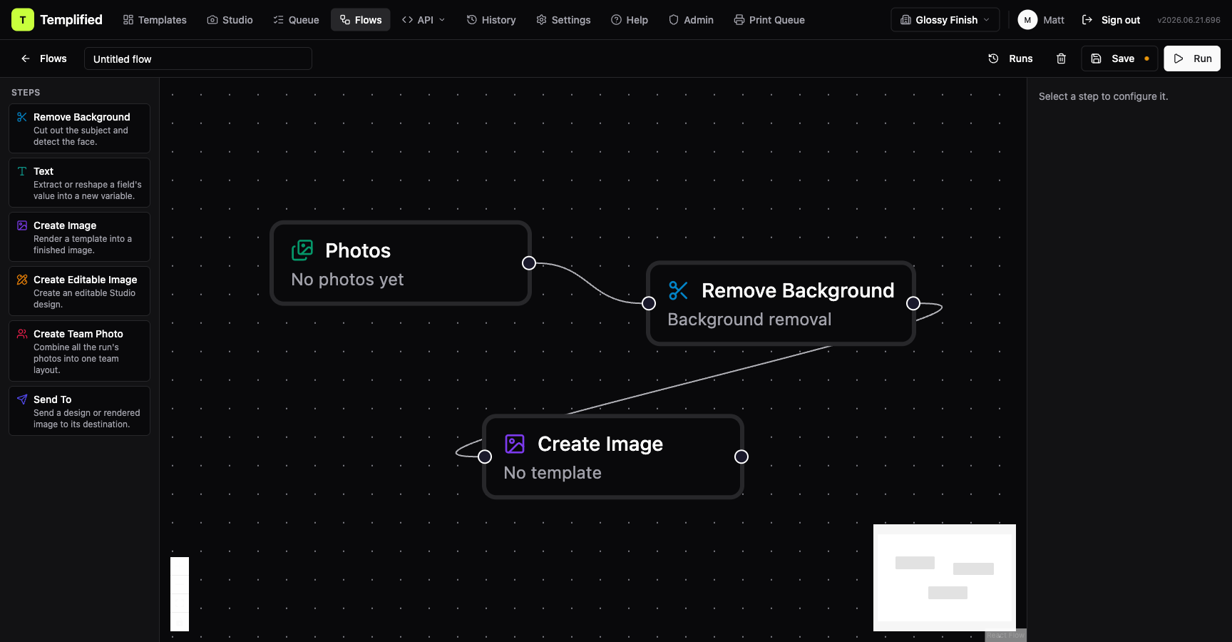 Flow builder canvas showing a sample pipeline: Photos → Remove Background → Create Editable Image → Send To