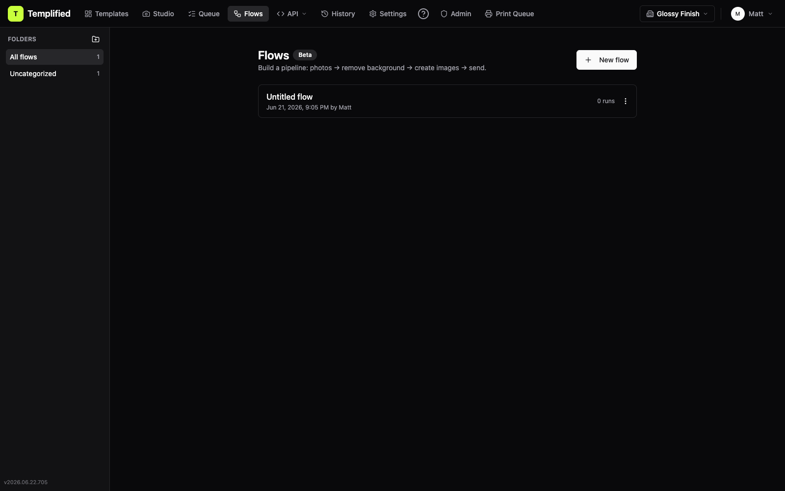 Top navigation bar with the Flows tab visible between Studio and Settings