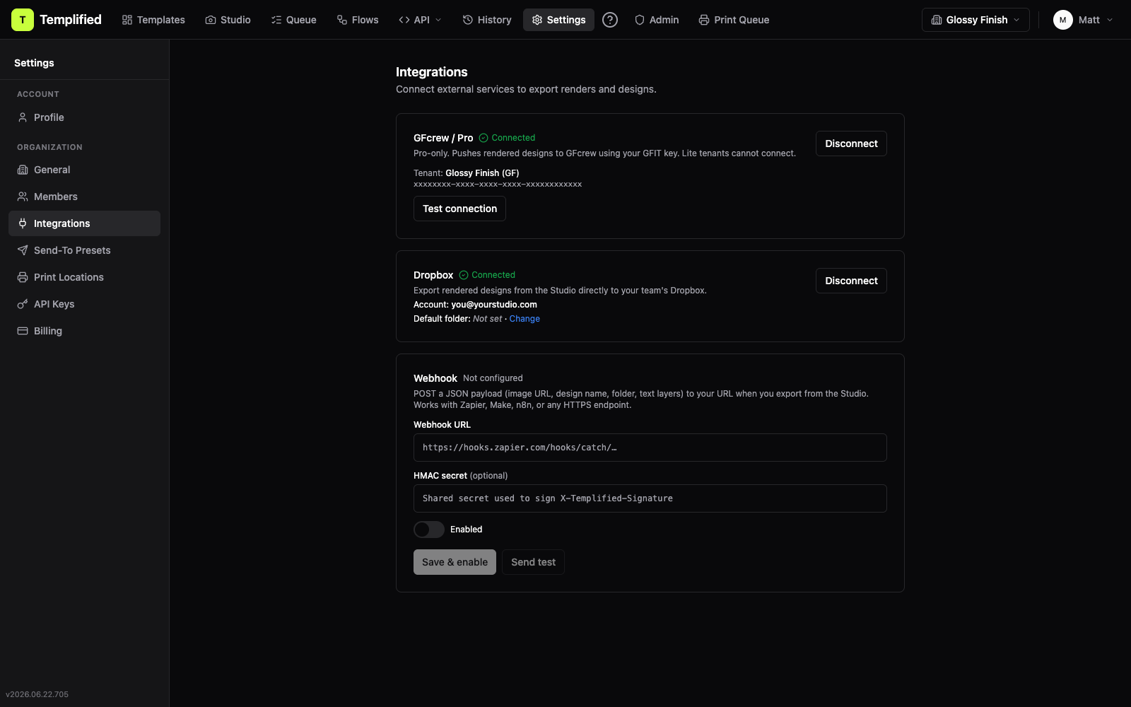 Settings → Integrations showing the GFcrew / Pro card with the GFIT Key input and Connect button