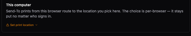 The 'This computer' section in Settings → Print Locations, showing the current location and the picker