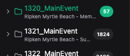 Studio folder row with design count badge and a GFcrew Main Event name, plus a truncated long folder name