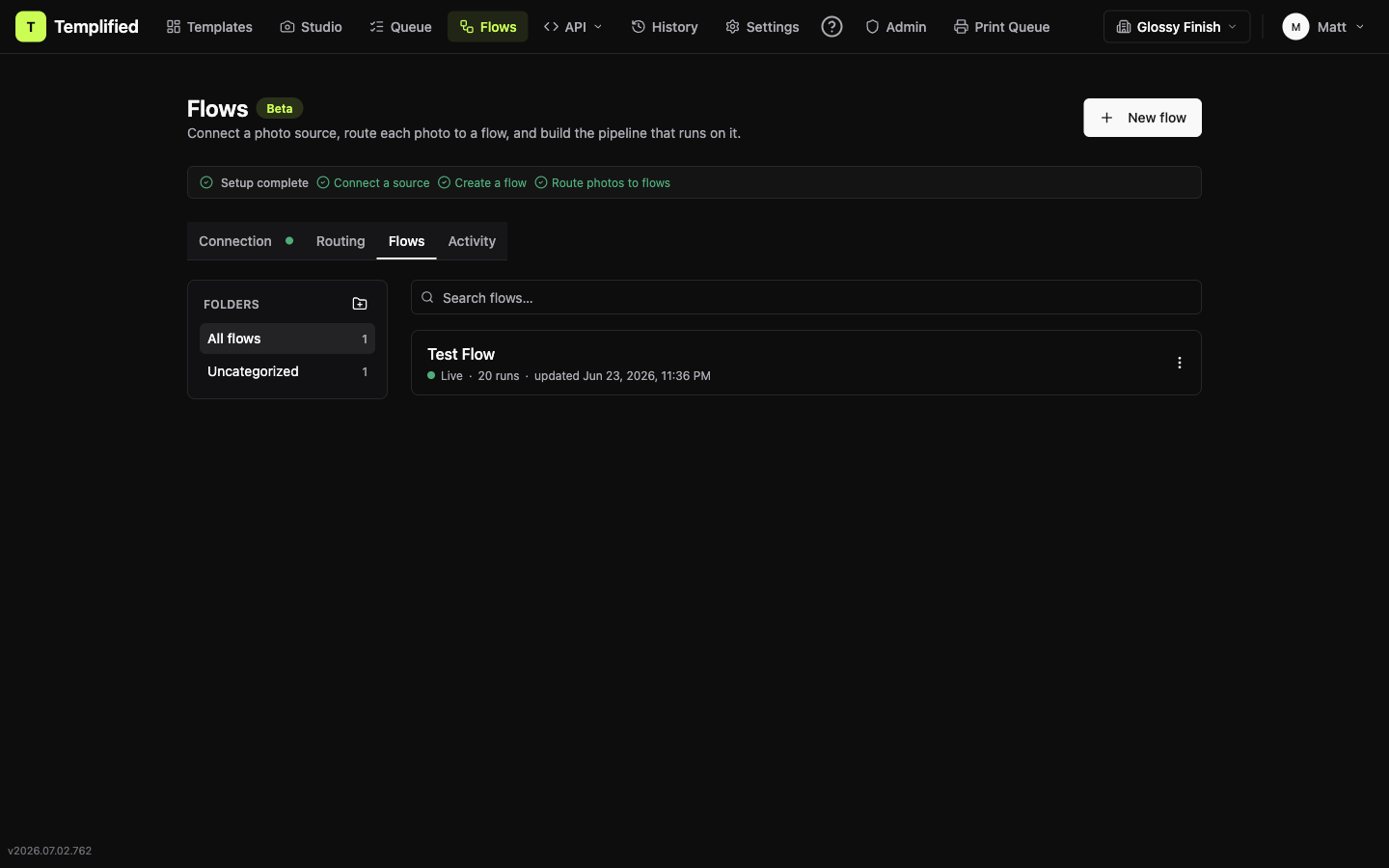 Flows landing page with the Get started setup checklist card and the Connection/Routing/Flows/Activity tab bar