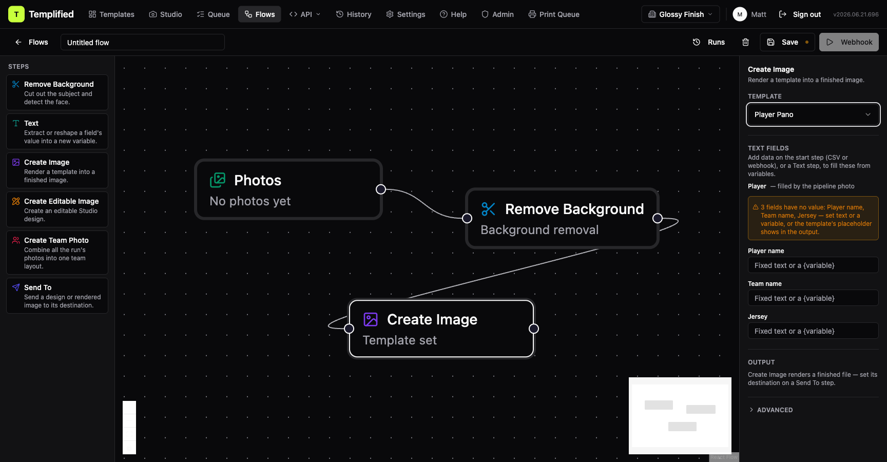 An amber warning in the Text fields section of a Create Editable Image step, listing fields that have no value set
