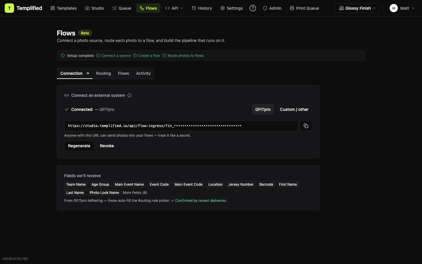 Connection tab showing Fields we'll receive as friendly labels