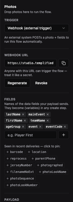 Start-node config in webhook mode, showing the Trigger picker, Webhook URL, and the legacy/Connection-URL note