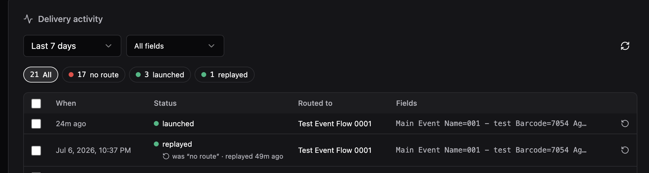 A delivery row after a replay: green replayed status with a history sub-line reading was no route, replayed 39m ago