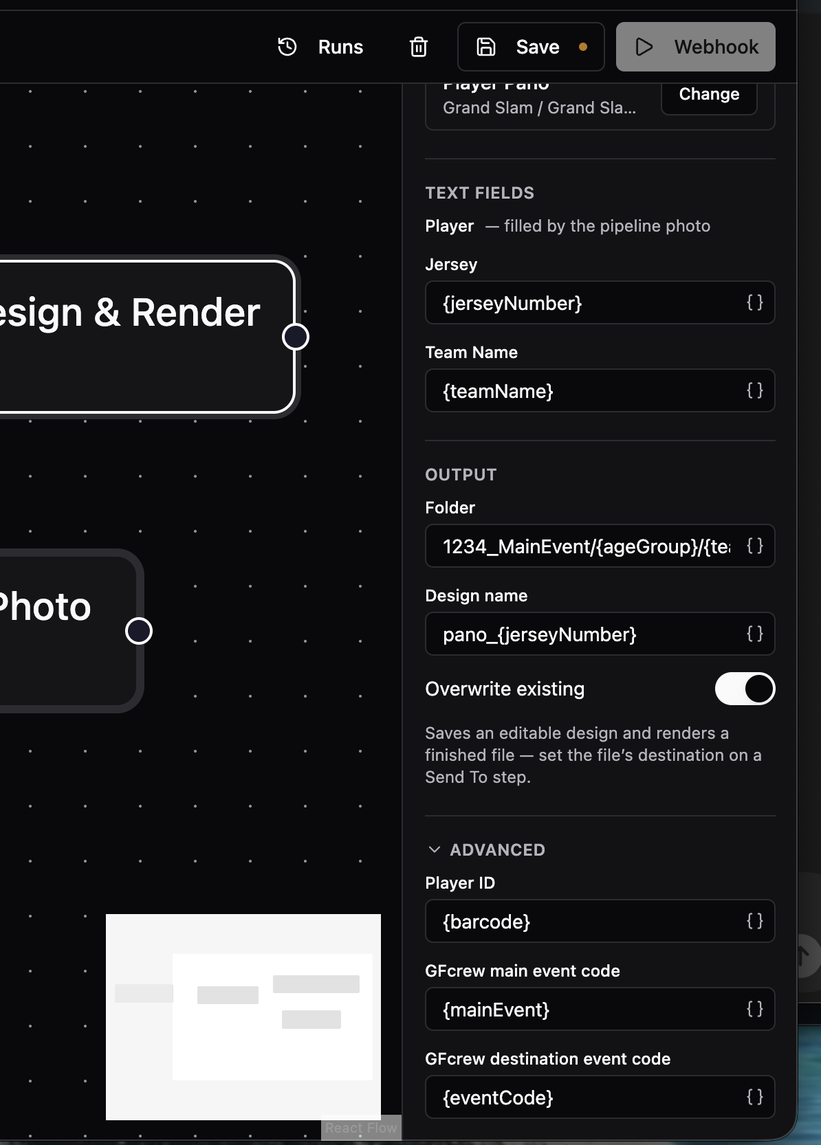 Create Editable Design & Render config panel showing Text fields filled with variables, the Output folder and design name, and the Overwrite existing toggle on