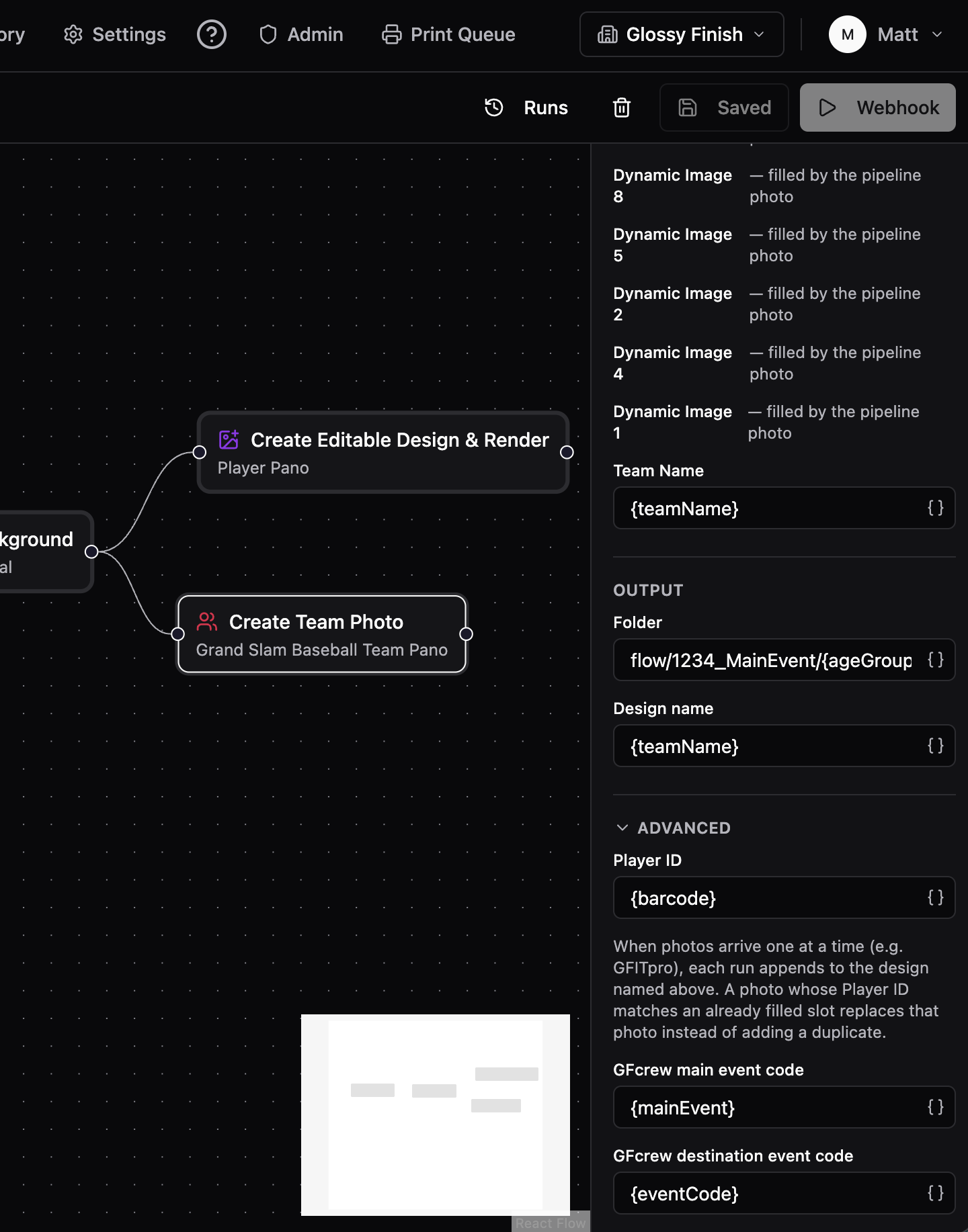 Create Team Photo config panel showing the template, Output folder and design name, and the Advanced Player ID field with its append hint